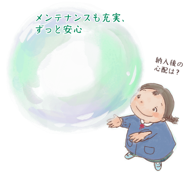 メンテナンスも充実、ずっと安心 1977年の創業当初に納入した設備が、メンテナンスにより何十年と経った今もしっかり活躍しています。「動く設備は納入後が心配」との声が多く聞かれますが、安全・安心に末永いお付き合いができるよう、新規導入した設備はもちろん、古い設備もしっかりサポートいたします。
